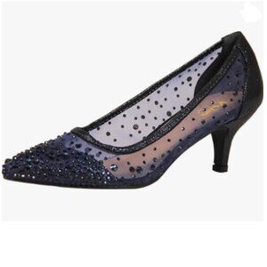 XYD Navy Pointed Toe Slip On Graceful Mesh Pumps Rhinestone Studs Kitten Shoes